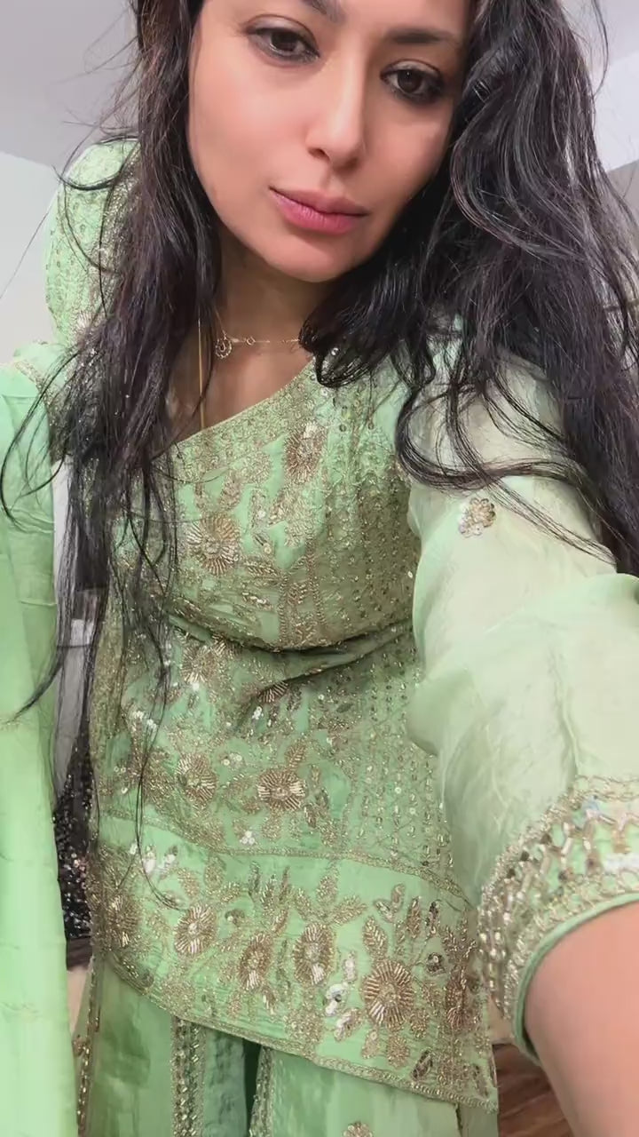 Mint Sage Embroidered Sharara Set in Crepe Silk | 3 Piece Formal Outfit