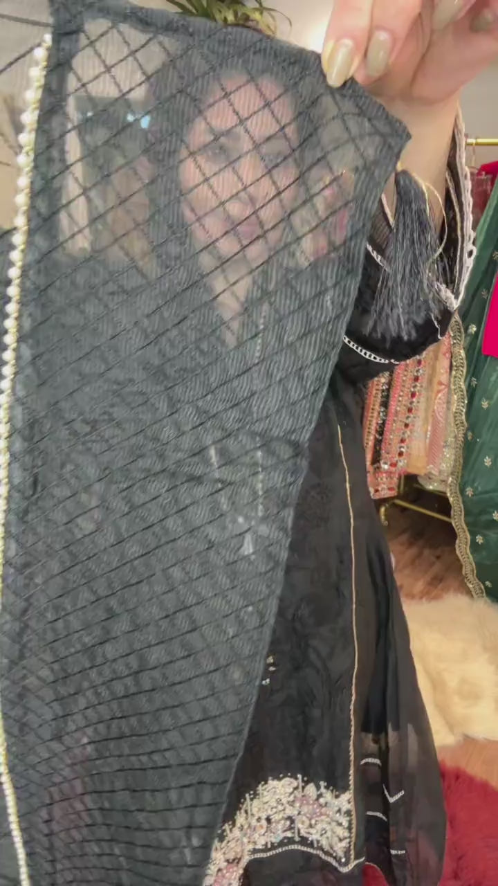 Black Embroidered Lace A-Line Long Gown with Sheer Dupatta - One size (48)