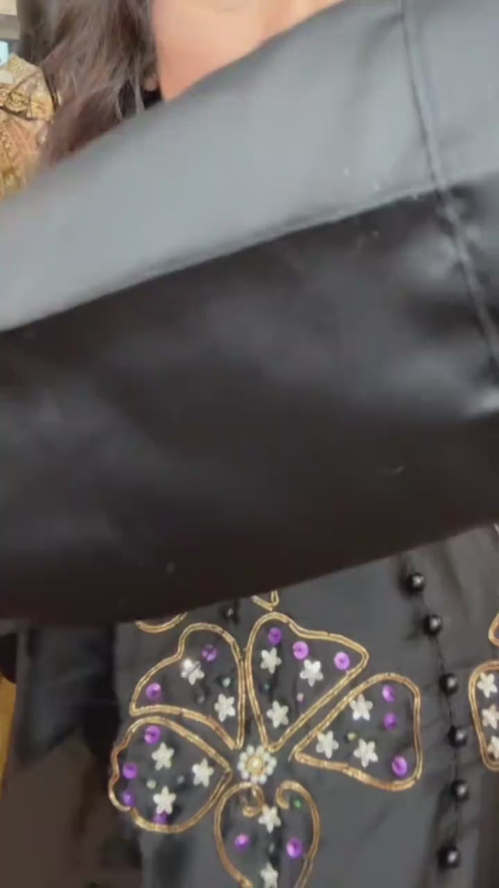 Black Satin Farsi Salwar  | Pearl Poncha & Floral Dupatta | Semi-Formal Outfit | Suit 44