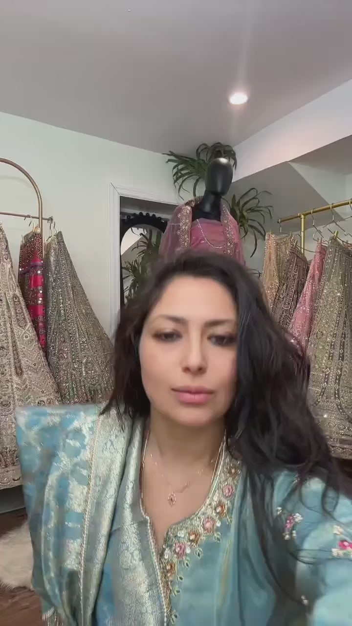 Antique Teal Tissue Silk Kurta Palazzo Set with Dupatta