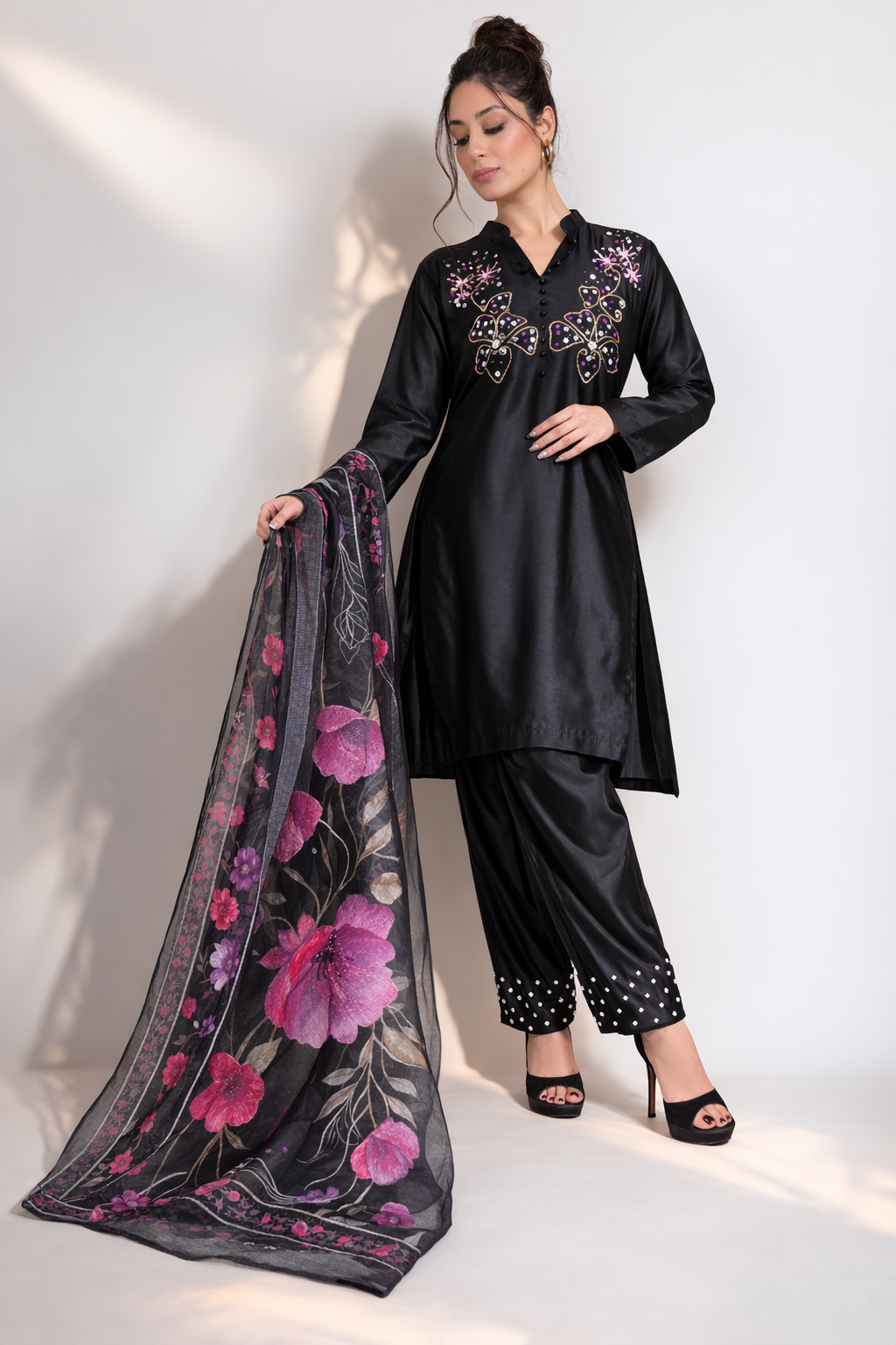 Black Satin Farsi Salwar  | Pearl Poncha & Floral Dupatta | Semi-Formal Outfit | Suit 44