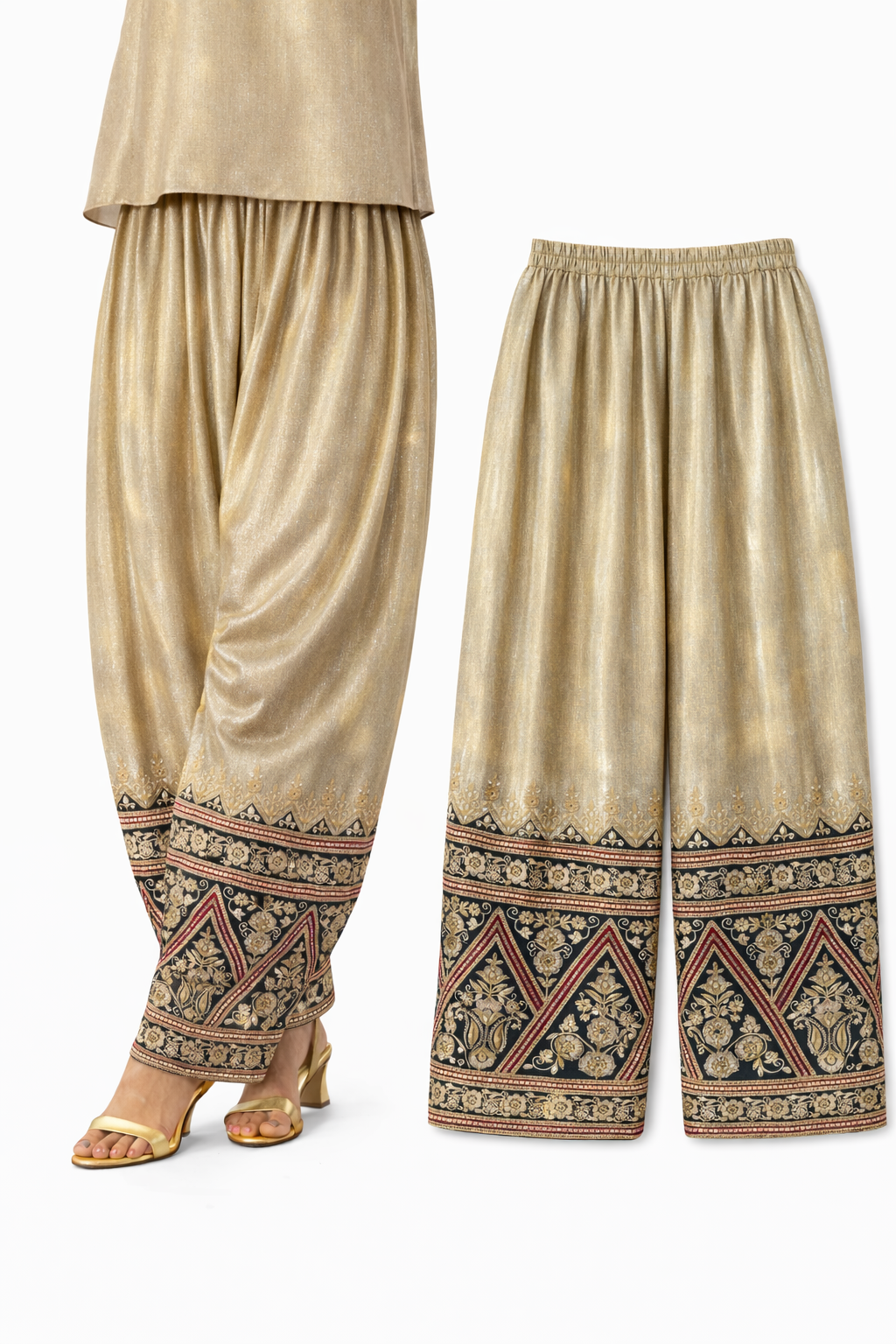 Mughal Tissue Silk 3-Piece Set – Embroidered Kurti, Farsi Salwar & Silk-Linen Underslip