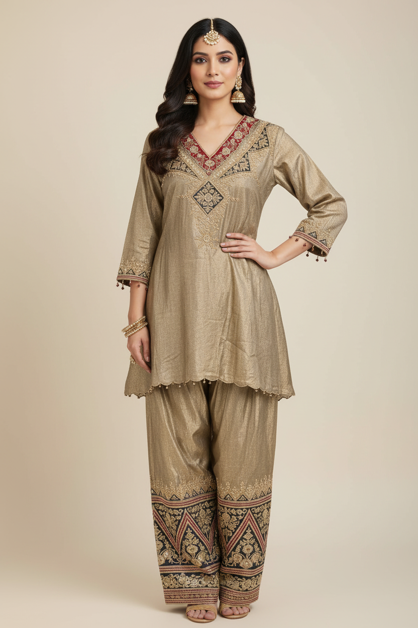 Mughal Tissue Silk 3-Piece Set – Embroidered Kurti, Farsi Salwar & Silk-Linen Underslip