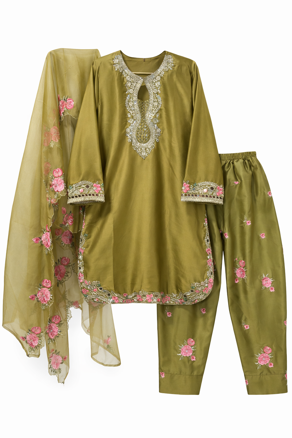 Mehendi Green Satin Silk Salwar Kameez Set with Organza Dupatta | Farshi Style | Size 42 | Indian Pakistani Outfit