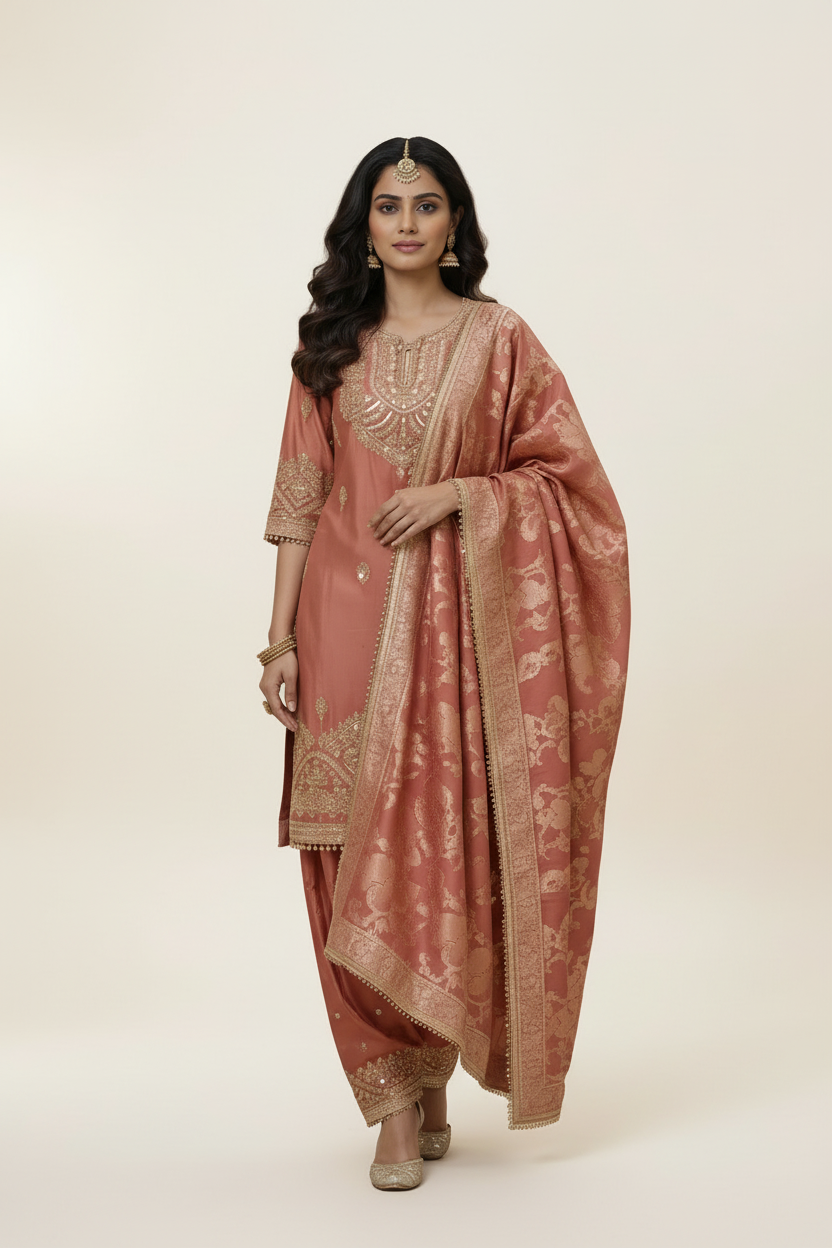 Blush Pink Brocade 3-Piece Salwar Kameez Set