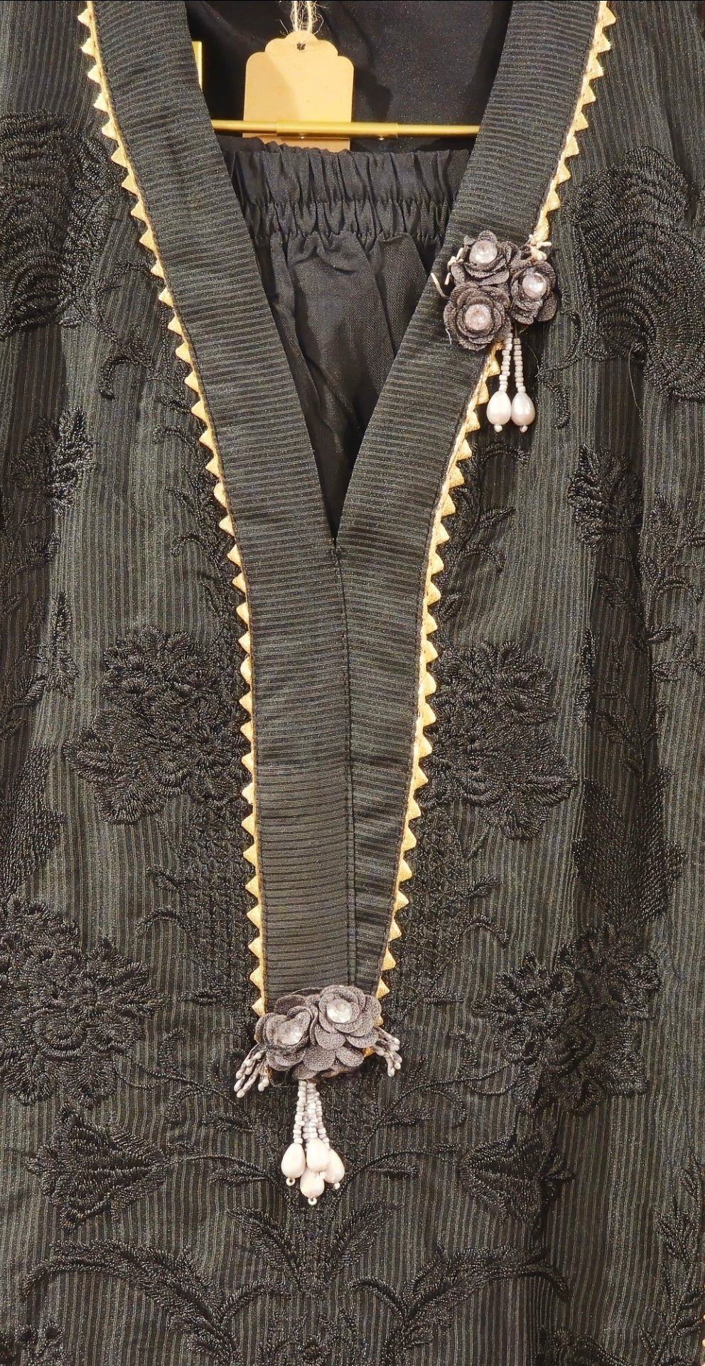 Black Embroidered Lace A-Line Long Gown with Sheer Dupatta - One size (48)