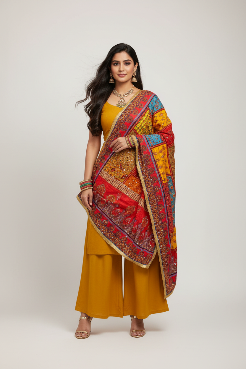 Patchwork Shisha Mirror Work Dupatta Scarf ▪︎ Cotton Silk Blend ▪︎ 92” x 42”