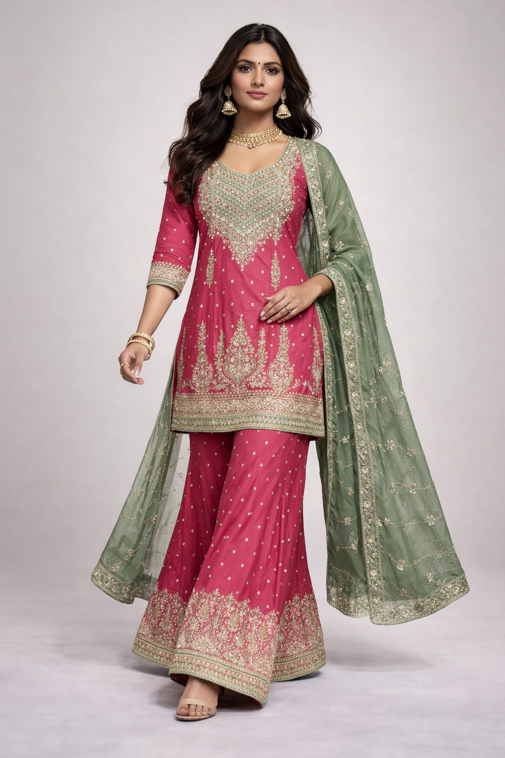 Rose Pink and Olive Green Embroidered Sharara Set