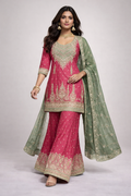 Rose Pink and Olive Green Embroidered Sharara Set