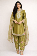 Mehendi Green Satin Silk Salwar Kameez Set with Organza Dupatta | Farshi Style | Size 42 | Indian Pakistani Outfit