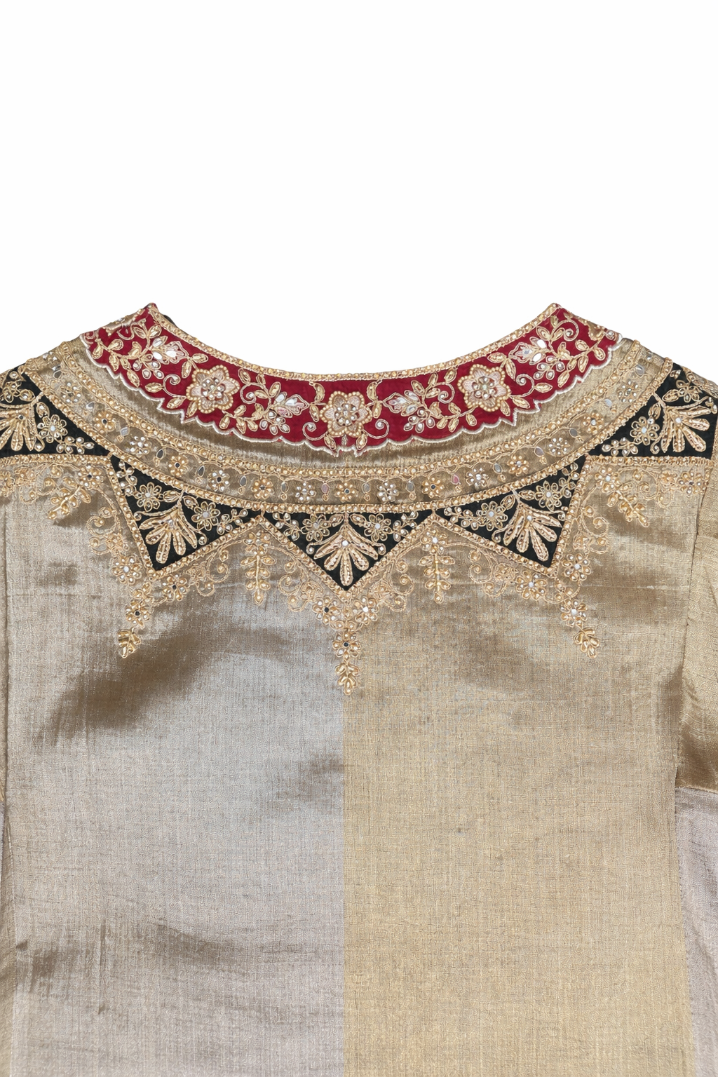 Mughal Tissue Silk 3-Piece Set – Embroidered Kurti, Farsi Salwar & Silk-Linen Underslip