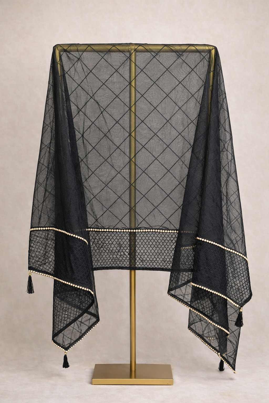 Black Embroidered Lace A-Line Long Gown with Sheer Dupatta - One size (48)