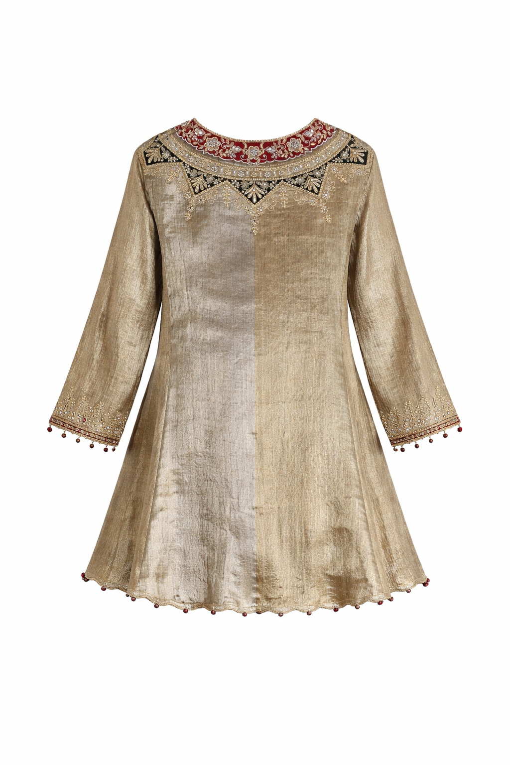 Mughal Tissue Silk 3-Piece Set – Embroidered Kurti, Farsi Salwar & Silk-Linen Underslip