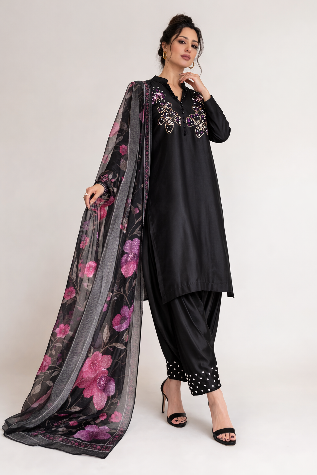 Black Satin Farsi Salwar  | Pearl Poncha & Floral Dupatta | Semi-Formal Outfit | Suit 44