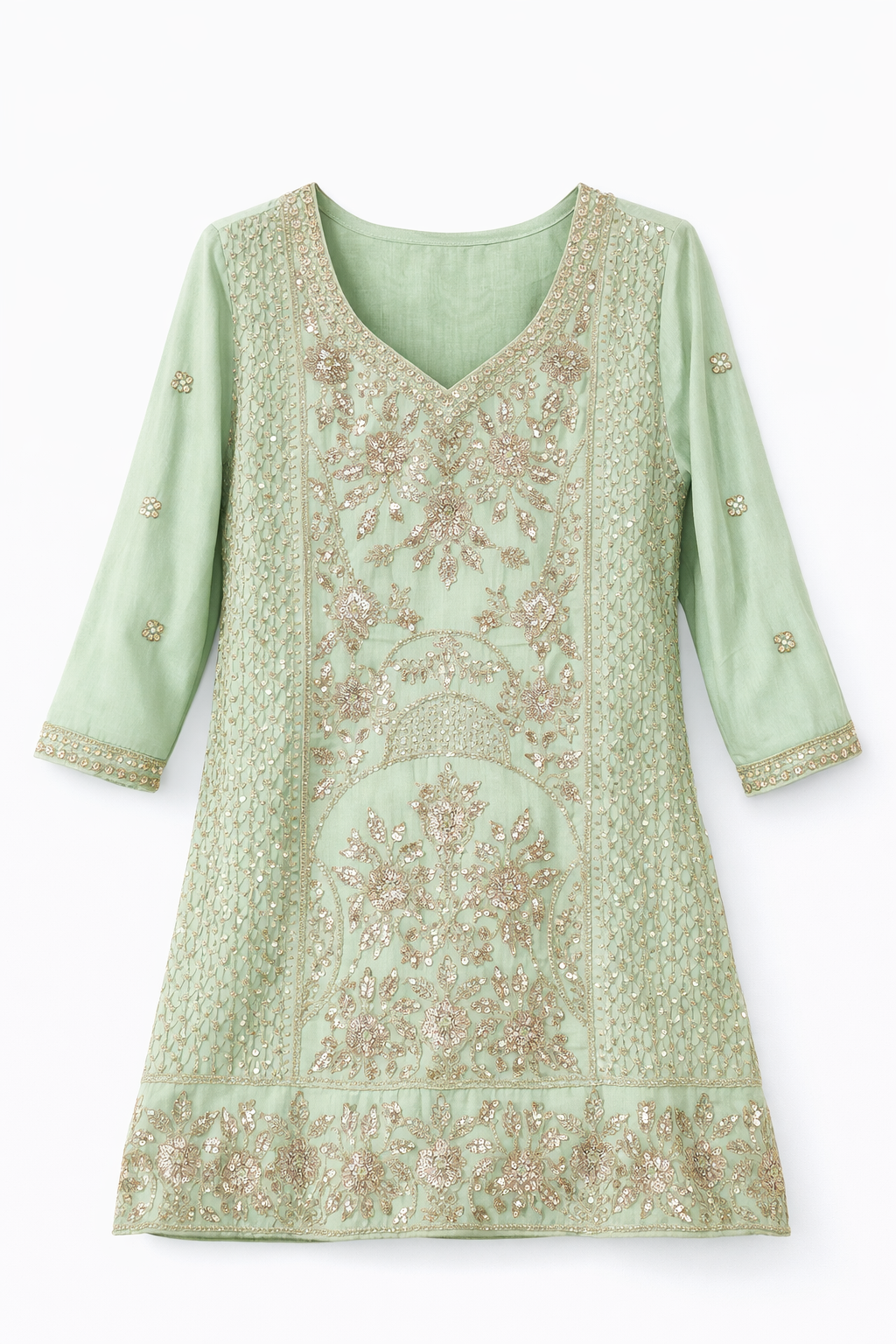 Mint Sage Embroidered Sharara Set in Crepe Silk | 3 Piece Formal Outfit