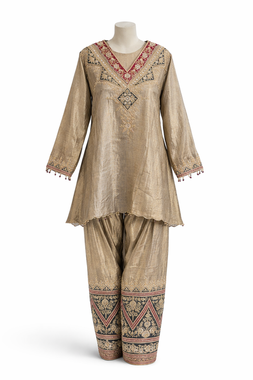 Mughal Tissue Silk 3-Piece Set – Embroidered Kurti, Farsi Salwar & Silk-Linen Underslip