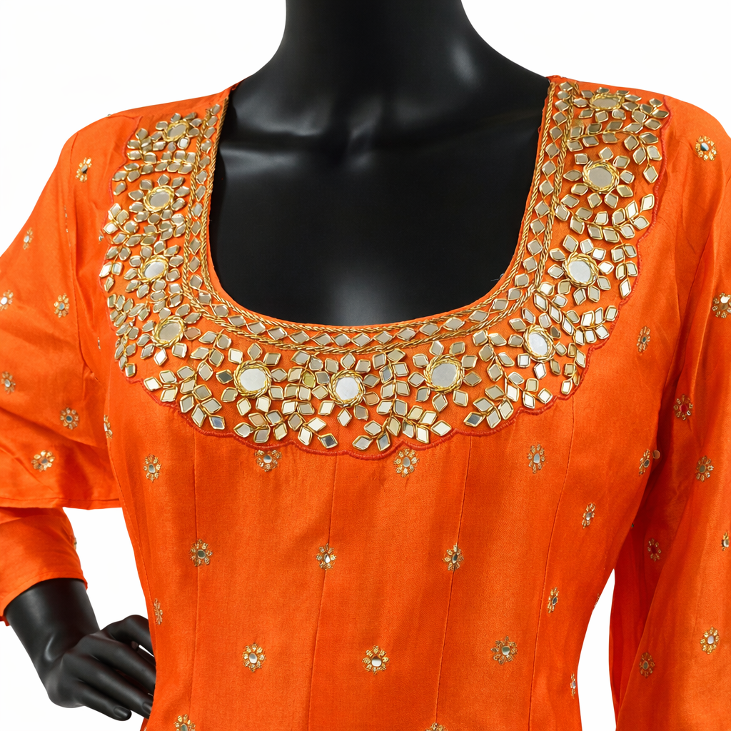 Sunset Coral Orange Mirror Work Anarkali Dress | Silk Blend Festive Maxi (Bust 46)