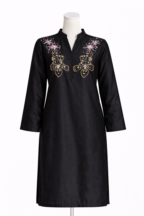 Black Satin Farsi Salwar  | Pearl Poncha & Floral Dupatta | Semi-Formal Outfit | Suit 44