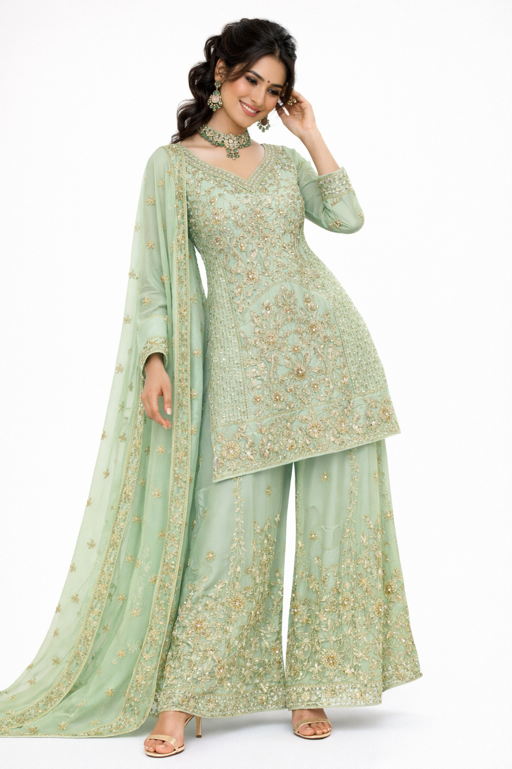 Mint Sage Embroidered Sharara Set in Crepe Silk | 3 Piece Formal Outfit