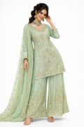 Mint Sage Embroidered Sharara Set in Crepe Silk | 3 Piece Formal Outfit