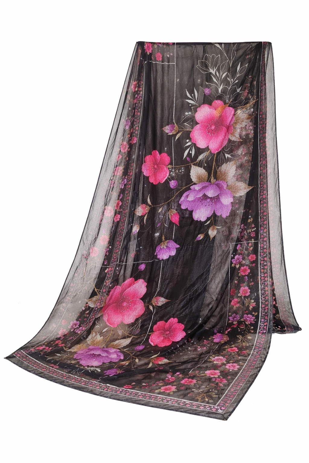 Black Satin Farsi Salwar  | Pearl Poncha & Floral Dupatta | Semi-Formal Outfit | Suit 44
