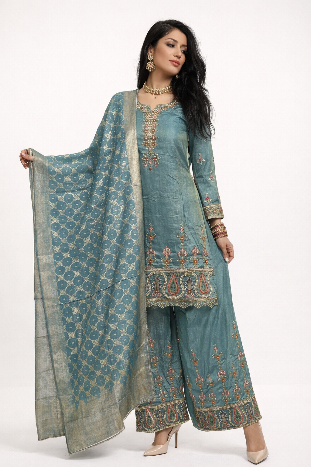 Antique Teal Tissue Silk Kurta Palazzo Set with Dupatta