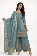 Antique Teal Tissue Silk Kurta Palazzo Set with Dupatta