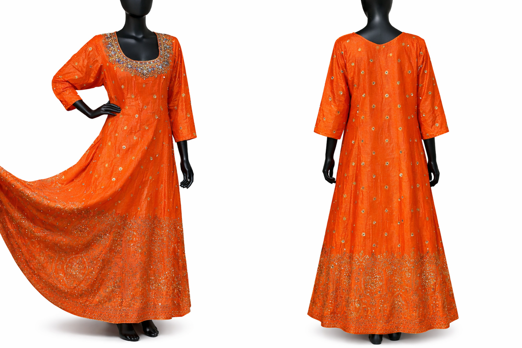 Sunset Coral Orange Mirror Work Anarkali Dress | Silk Blend Festive Maxi (Bust 46)