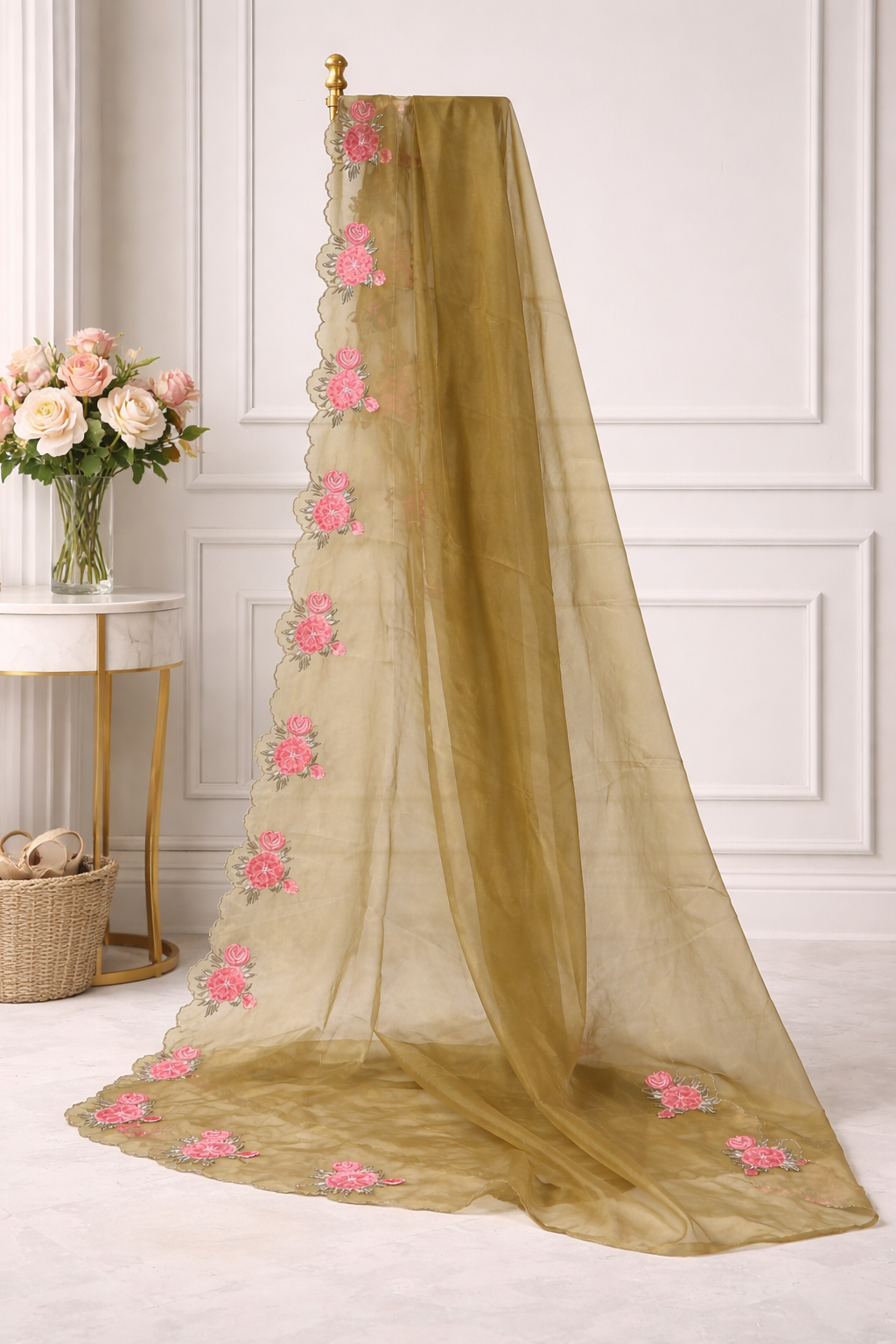 Mehendi Green Satin Silk Salwar Kameez Set with Organza Dupatta | Farshi Style | Size 42 | Indian Pakistani Outfit