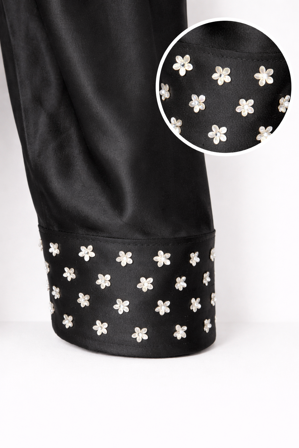 Black Satin Farsi Salwar  | Pearl Poncha & Floral Dupatta | Semi-Formal Outfit | Suit 44