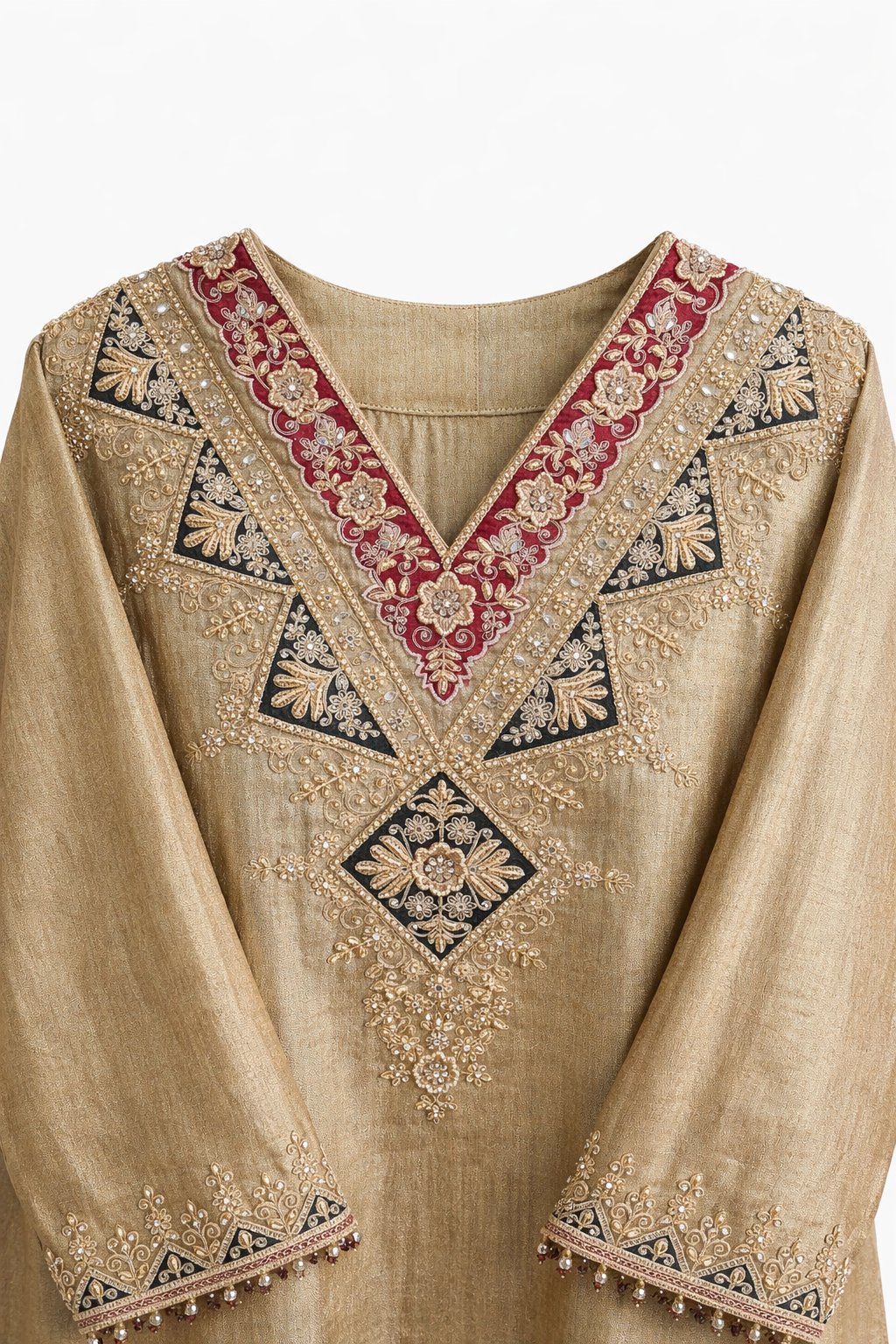 Mughal Tissue Silk 3-Piece Set – Embroidered Kurti, Farsi Salwar & Silk-Linen Underslip