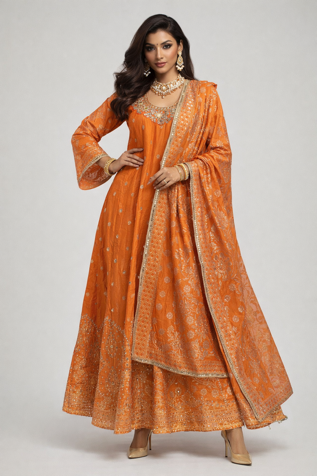 Sunset Coral Orange Mirror Work Anarkali Dress | Silk Blend Festive Maxi (Bust 46)