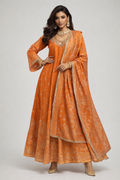 Sunset Coral Orange Mirror Work Anarkali Dress | Silk Blend Festive Maxi (Bust 46)