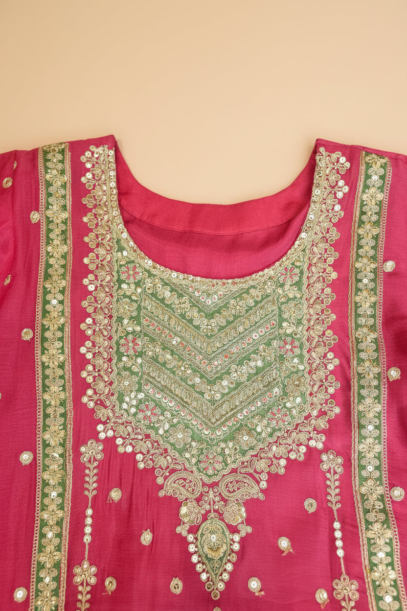 Rose Pink and Olive Green Embroidered Sharara Set